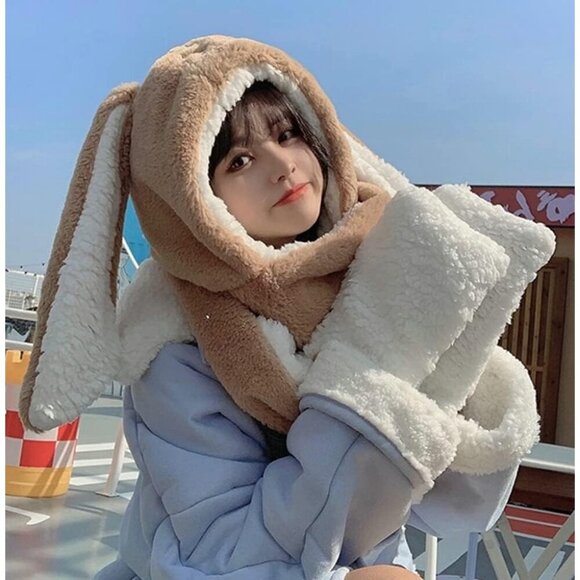 Cute Rabbit Ear Plush Beanie Hat Scarf Set Women Fluffy Fleece Hoodie Warm